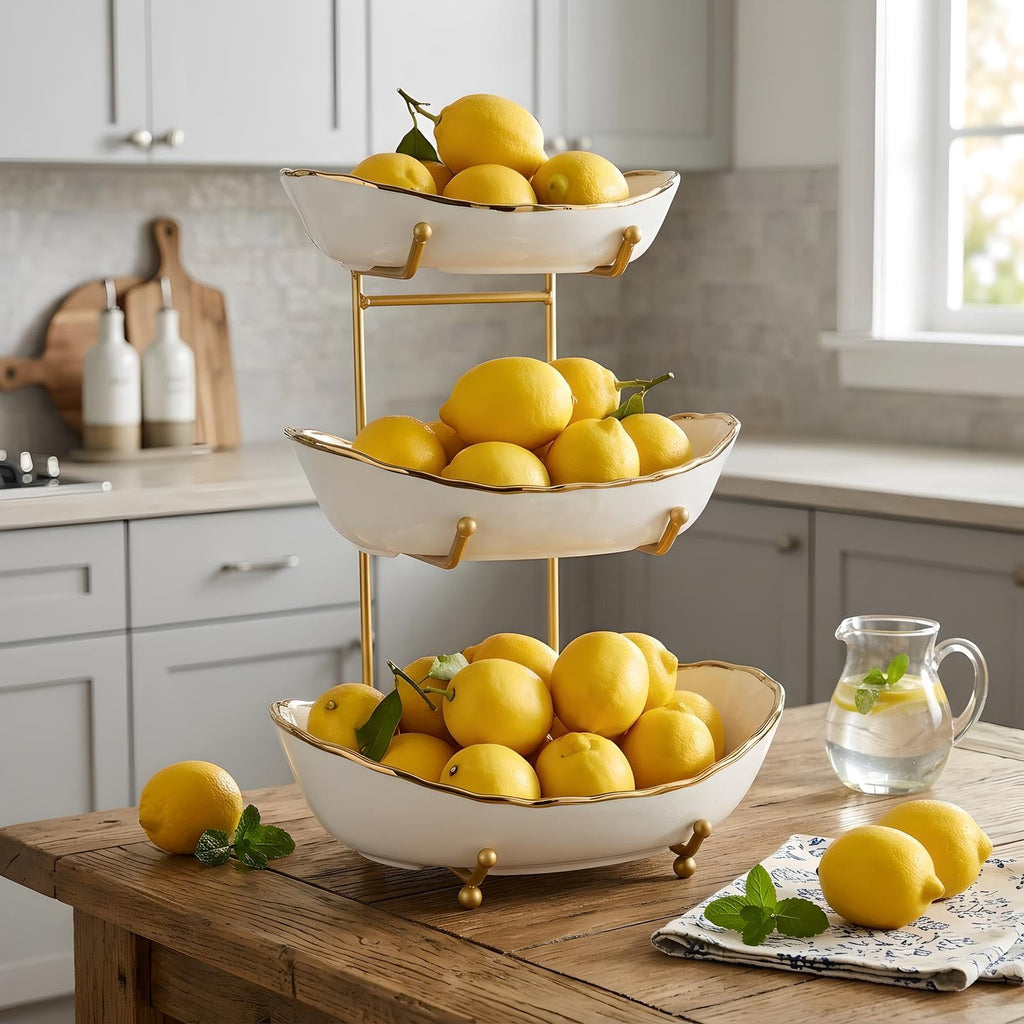 White Ceramic 3 Tier Fruit Bowl with Metal Stand R512