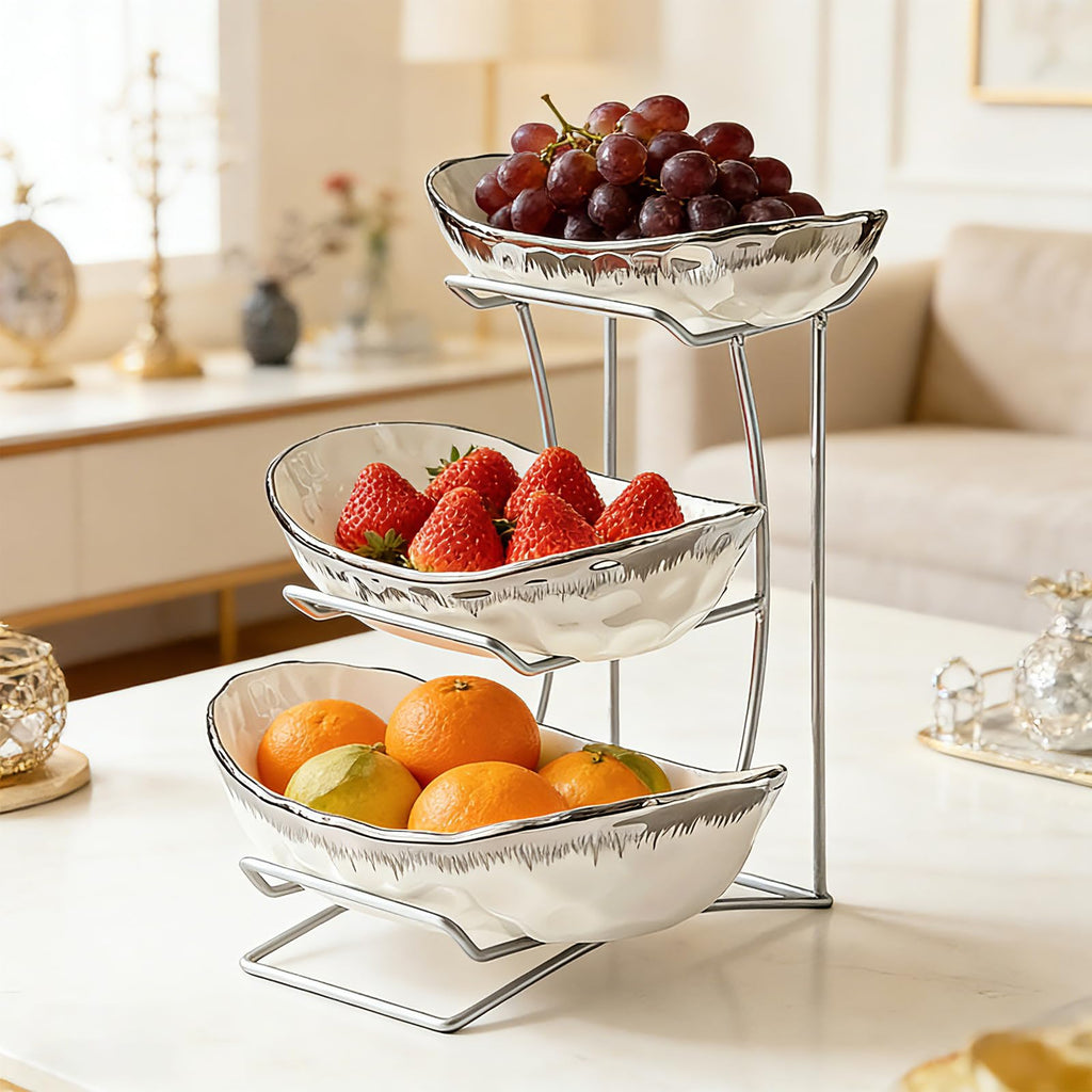 3 Tier Ceramic Fruit Bowl with Metal Stand U7337