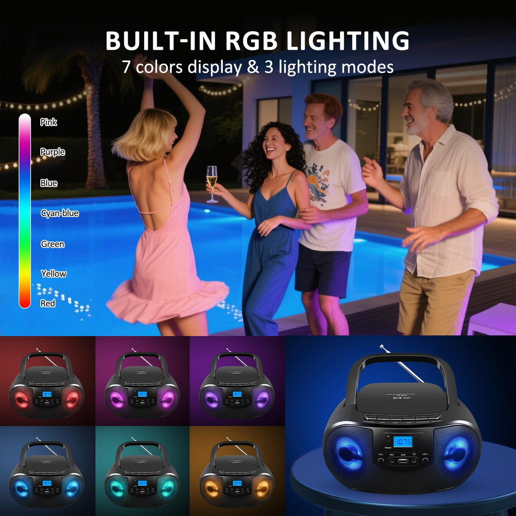 Portable CD Player Boombox with FM Radio, Bluetooth, Remote Control, Black T227
