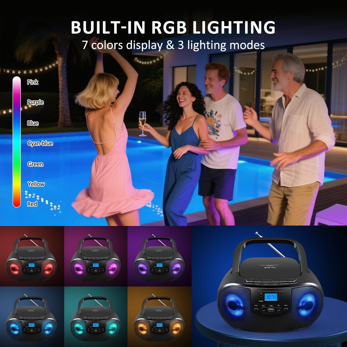 Portable CD Player Boombox with FM Radio, Bluetooth, Remote Control, Black T227