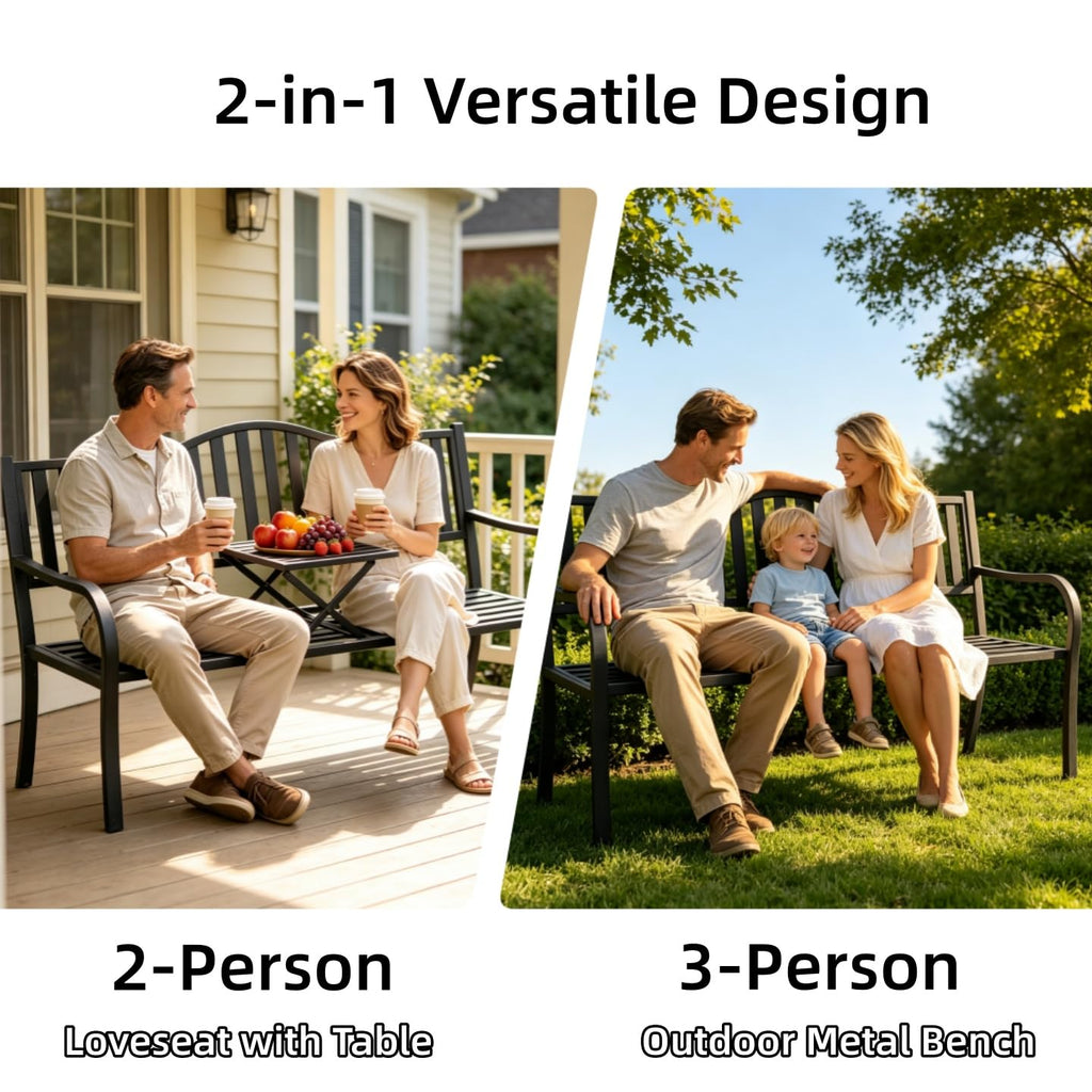 59 Inches Metal Outdoor Bench with Pull-Out Table Y570106