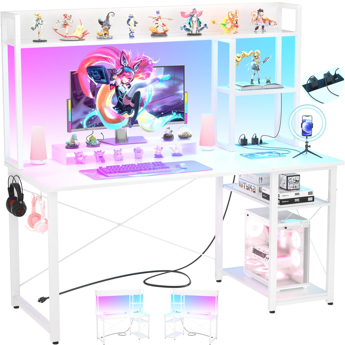47'' White Gaming Desk with Hutch and Storage Shelves S576