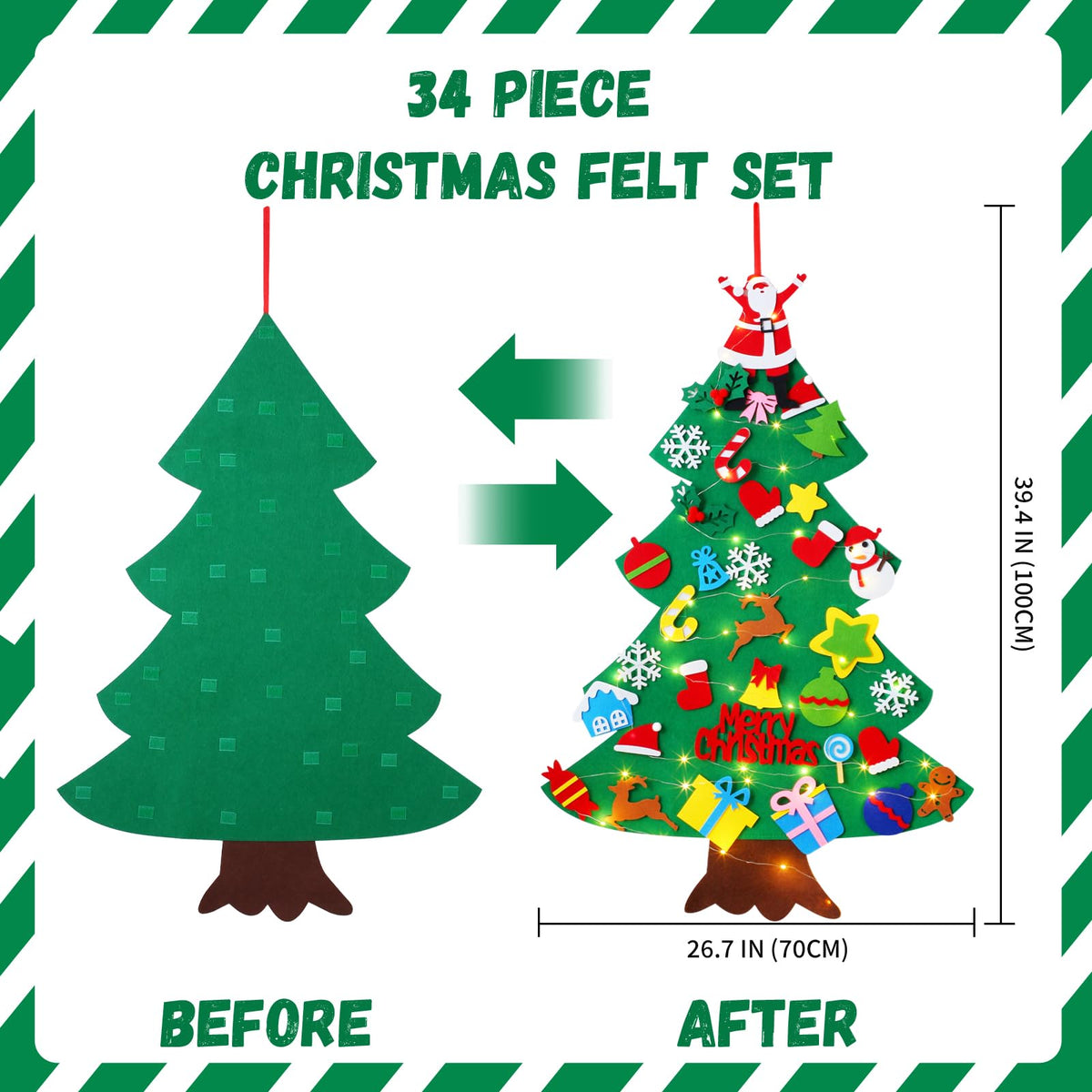 Felt Christmas Tree for Toddlers, 3.2ft Wall Hanging DIY Xmas Decorations with String Light G40331