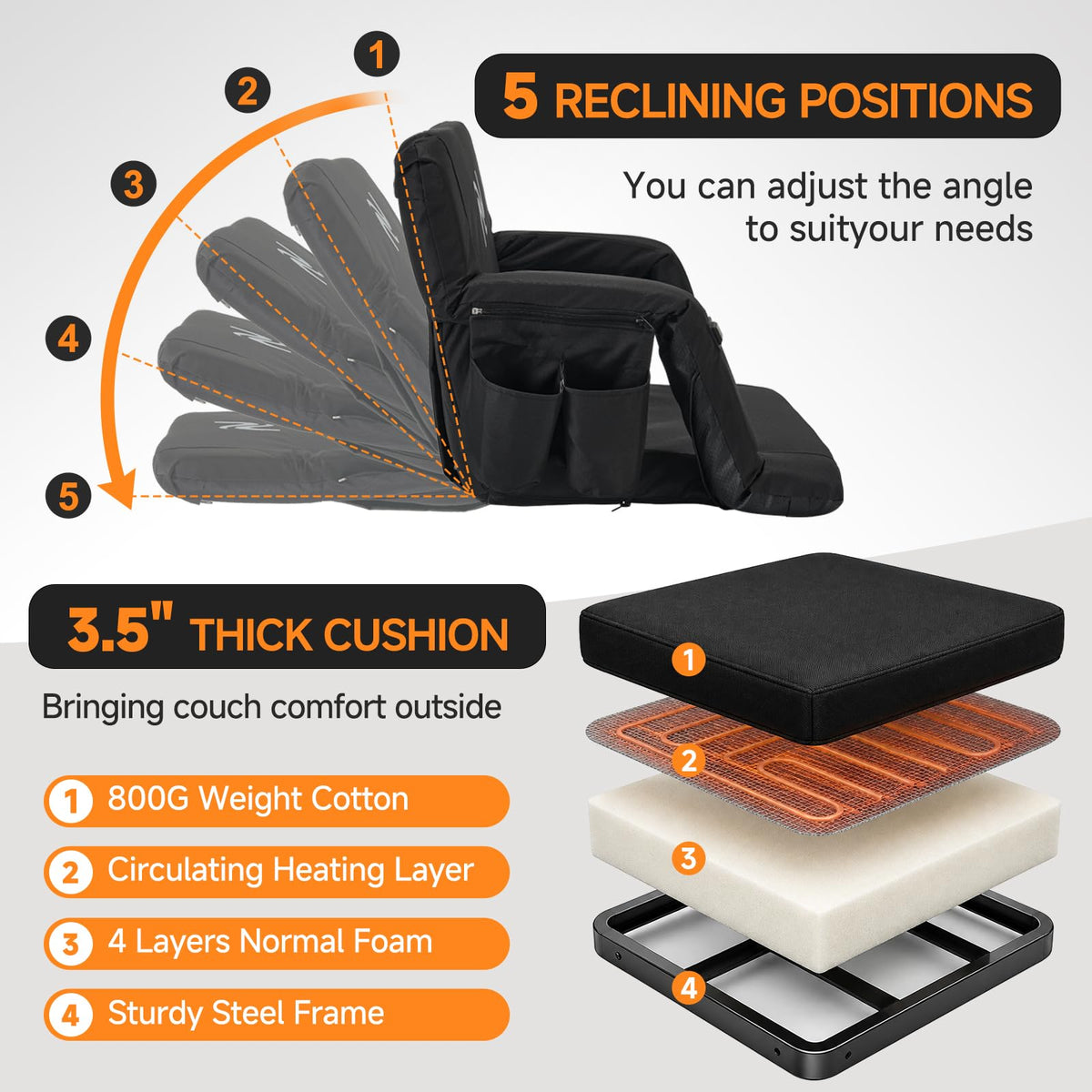 Wide Heated Stadium Seat with Back Support & Cushion J376061