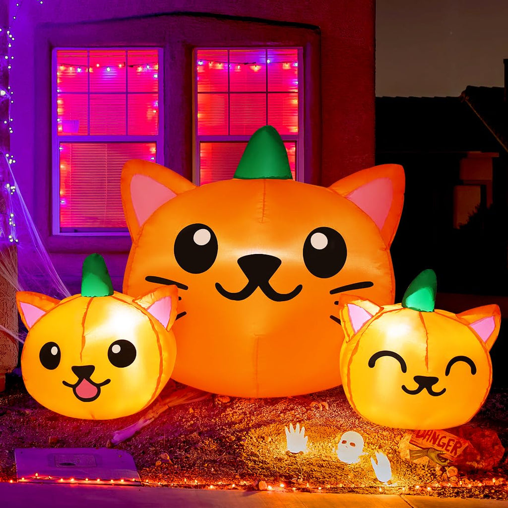 5FT Inflatable Three Pumpkin Cat Head with Built-in LEDs K256