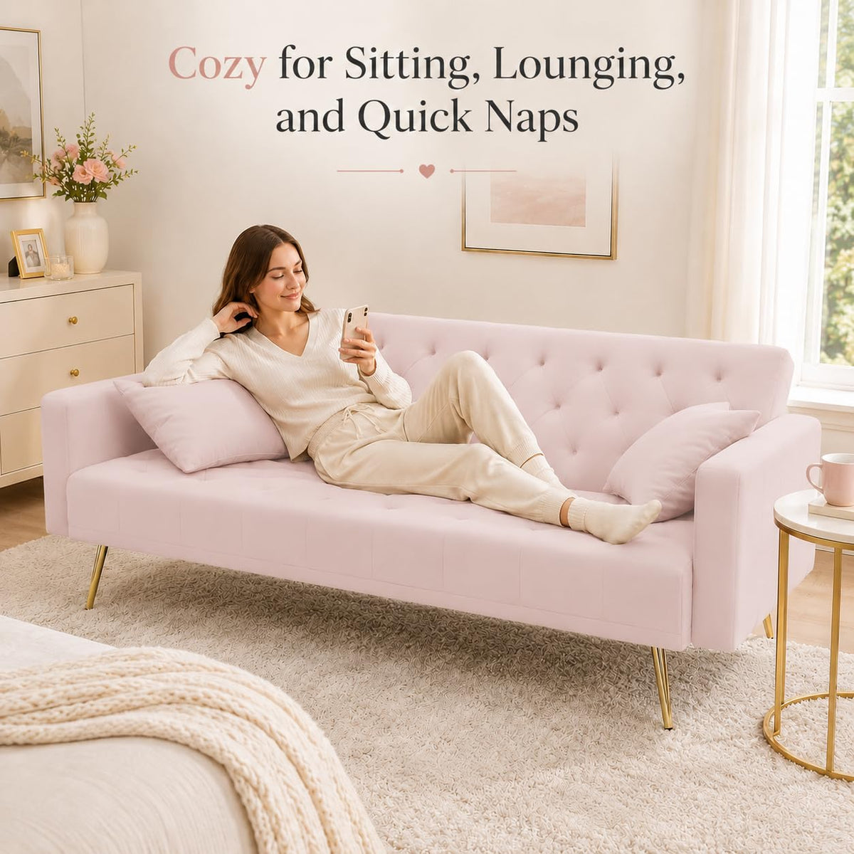 Pink Velvet Futon Sofa Bed R137