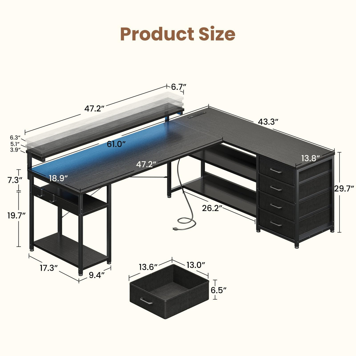 61 Inch L Shaped Computer Desk with 4 Drawers Z5922