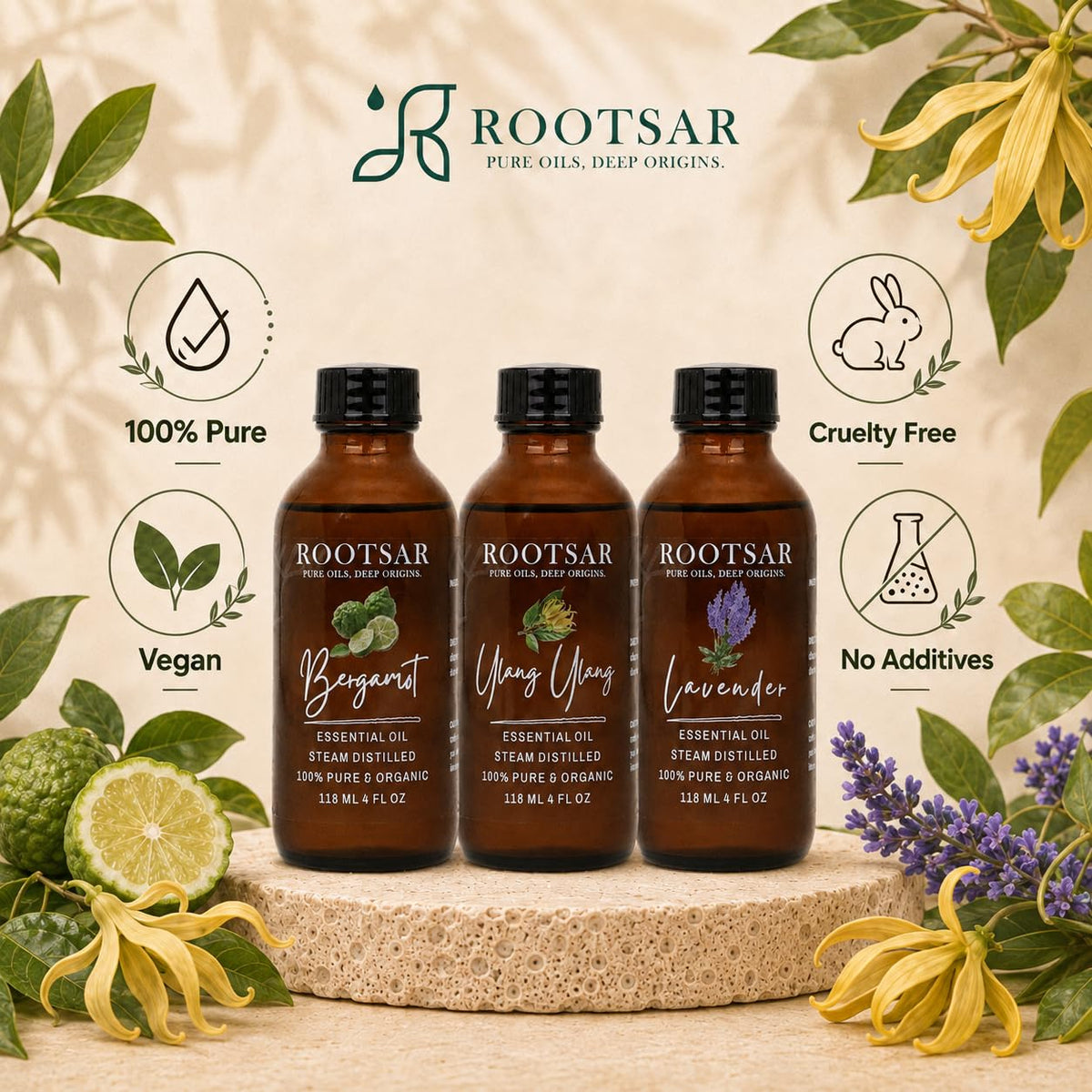 3 Pack Lavender Ylang Ylang Bergamot Essential Oils 4 Fl Oz K79171