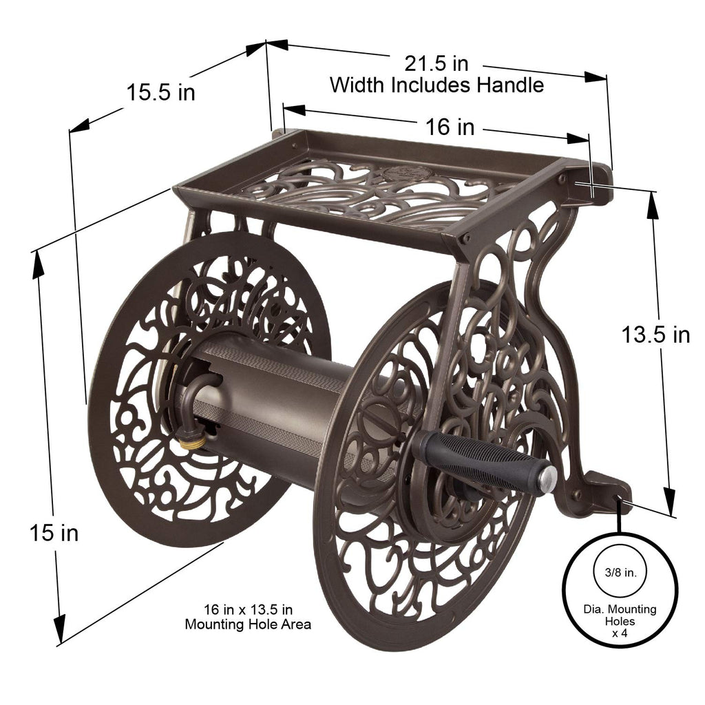 Cast Aluminum Wall Mount Hose Reel, Holds 125-Feet of 5/8-Inch Hose - Bronze N97883