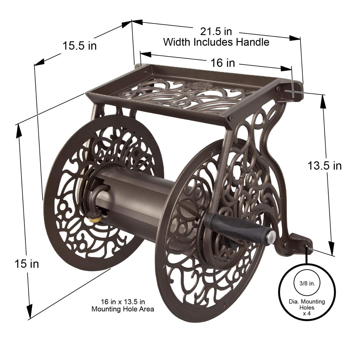 Cast Aluminum Wall Mount Hose Reel, Holds 125-Feet of 5/8-Inch Hose - Bronze N97883