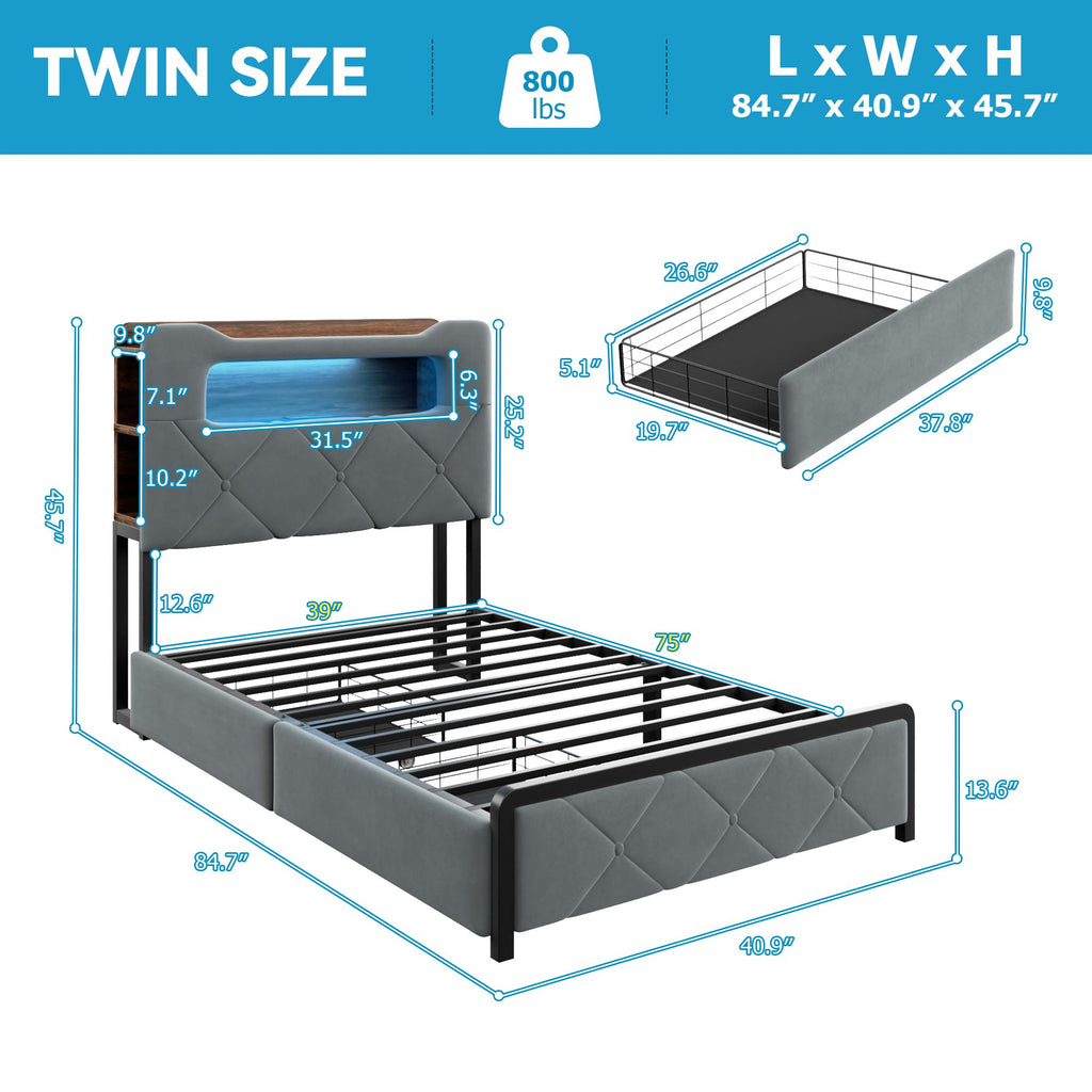 Twin Upholstered Velvet Platform Bed Frame with 2 Storage Drawers O127