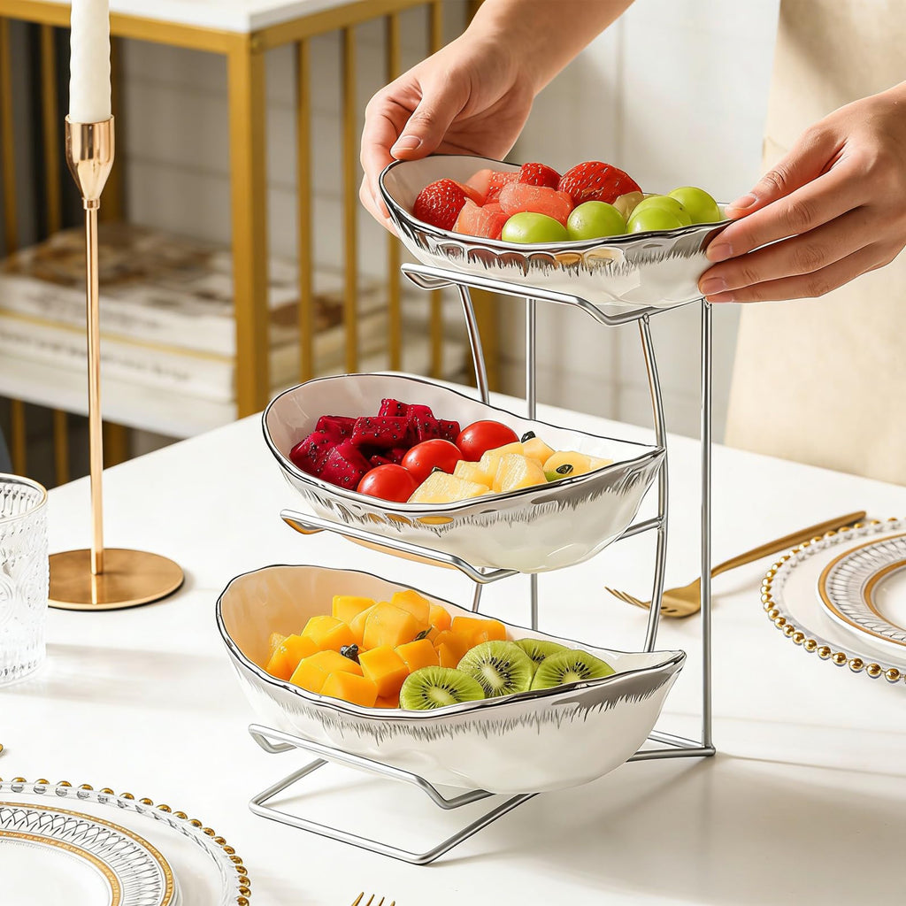 3 Tier Ceramic Fruit Bowl with Metal Stand U7337