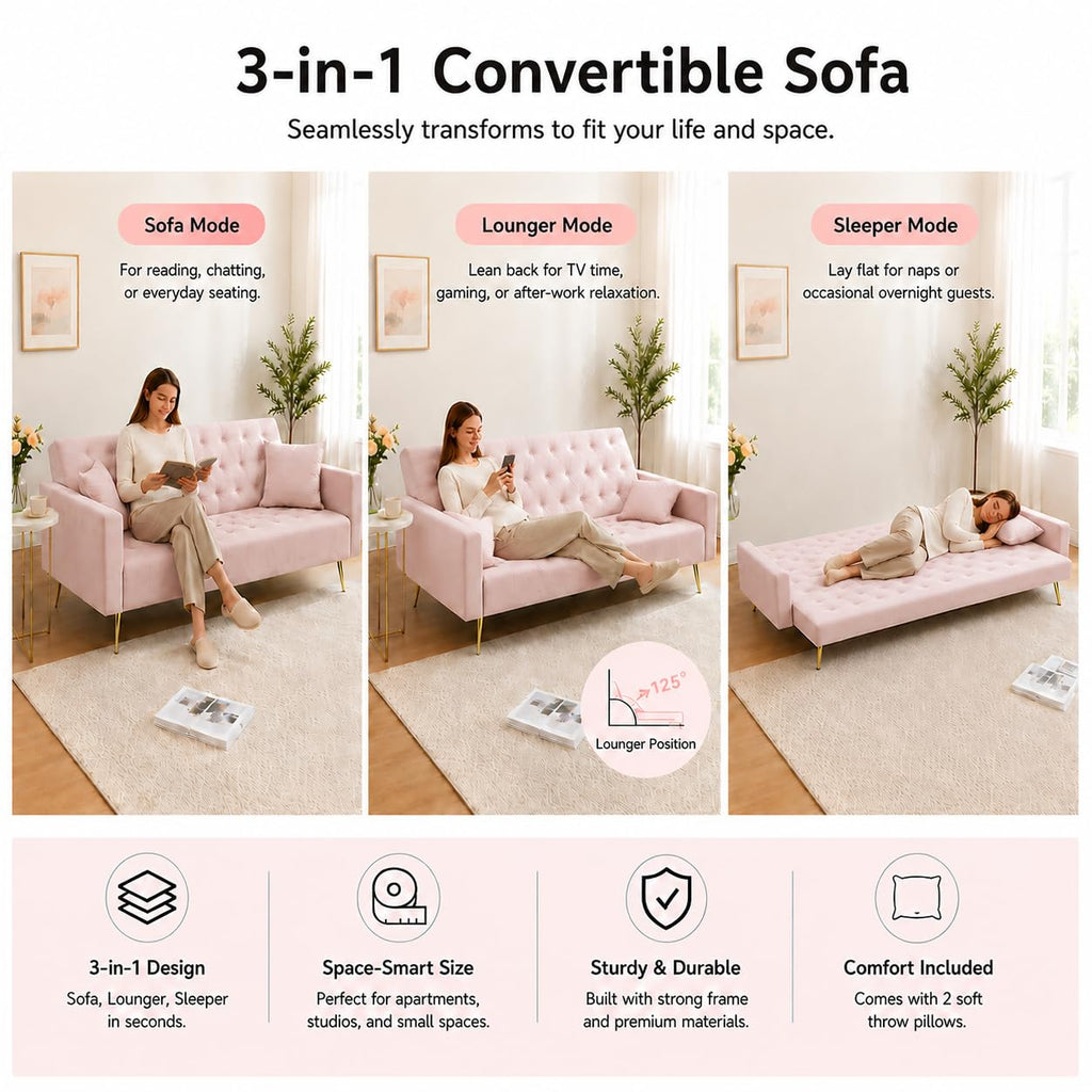 Pink Velvet Futon Sofa Bed R137