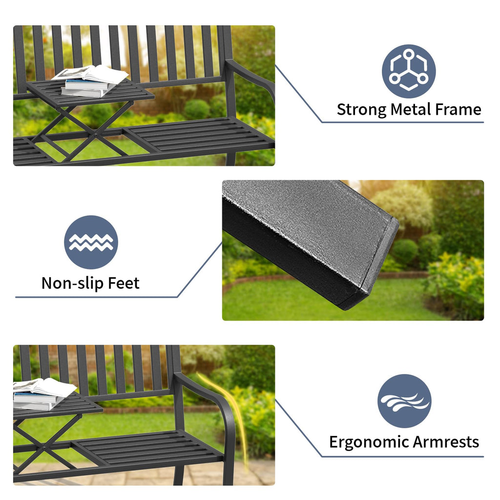 59 Inches Metal Outdoor Bench with Pull-Out Table Y570106