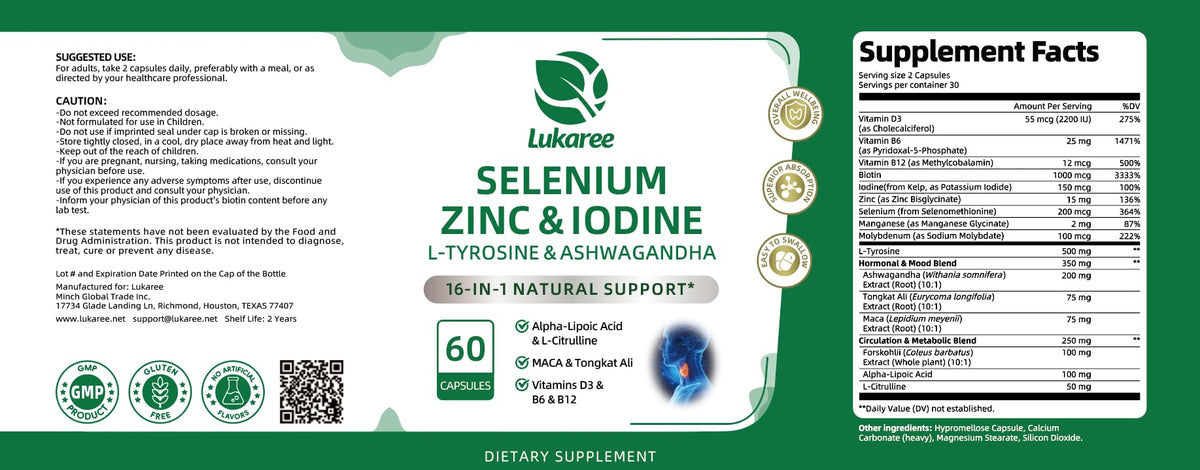 Selenium with Iodine, Zinc L-Tyrosine 500mg, Ashwagandha, 16-in-1 Multivitamin Formula, 90 Capsules E774