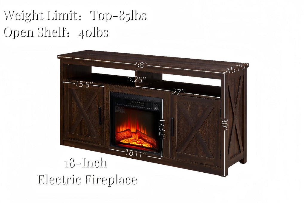 Farmhouse TV Media Stand with 18" Fireplace Insert and Cabinets, Espresso W524308