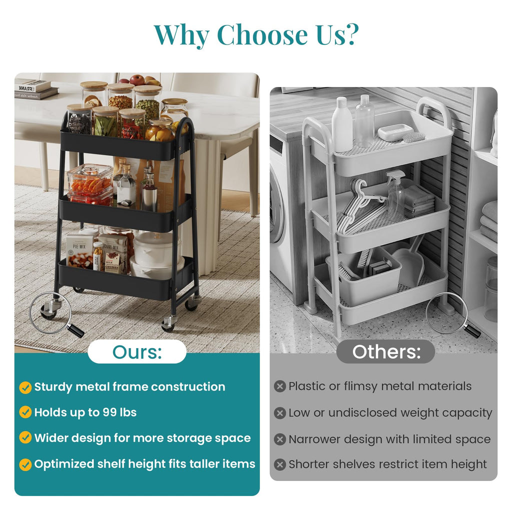 3-Tier Metal Rolling Utility Cart with Lockable Wheels S583