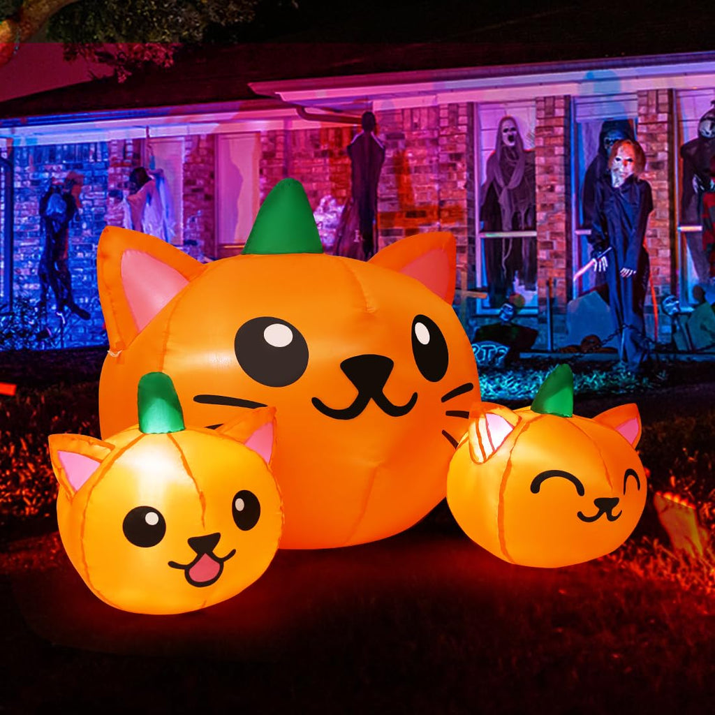 5FT Inflatable Three Pumpkin Cat Head with Built-in LEDs K256