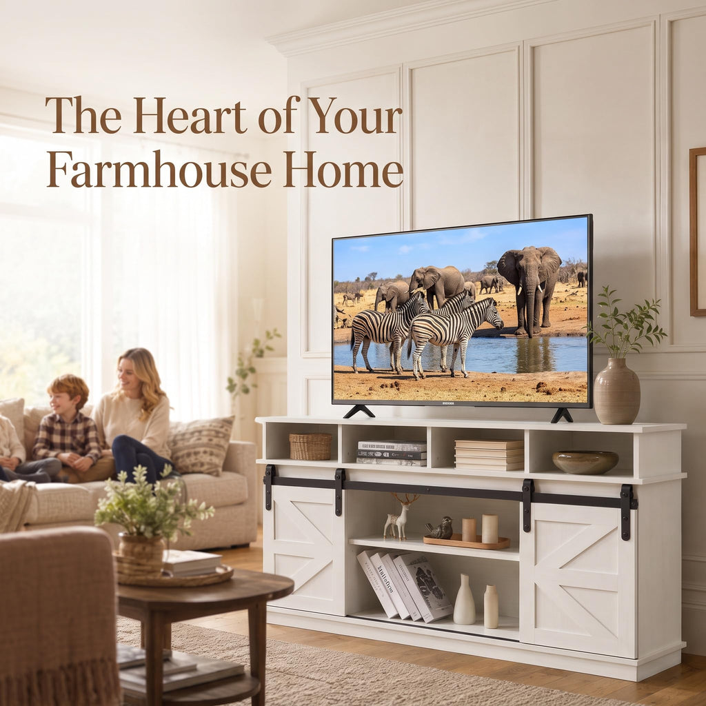 White 58" Farmhouse TV Stand with Sliding Barn Doors T6930