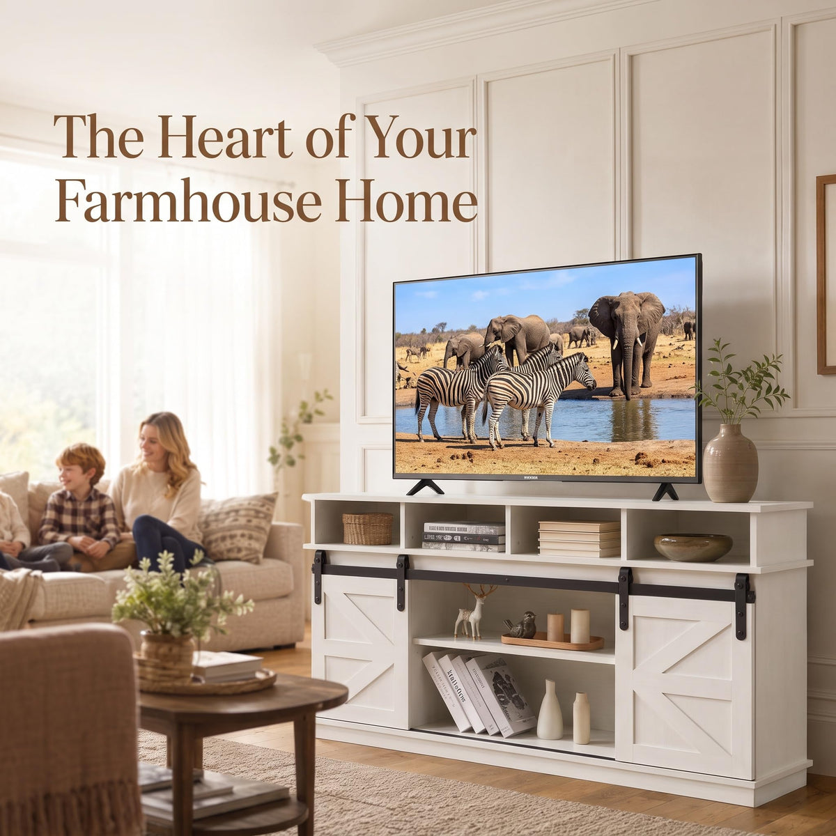 White 58" Farmhouse TV Stand with Sliding Barn Doors T6930