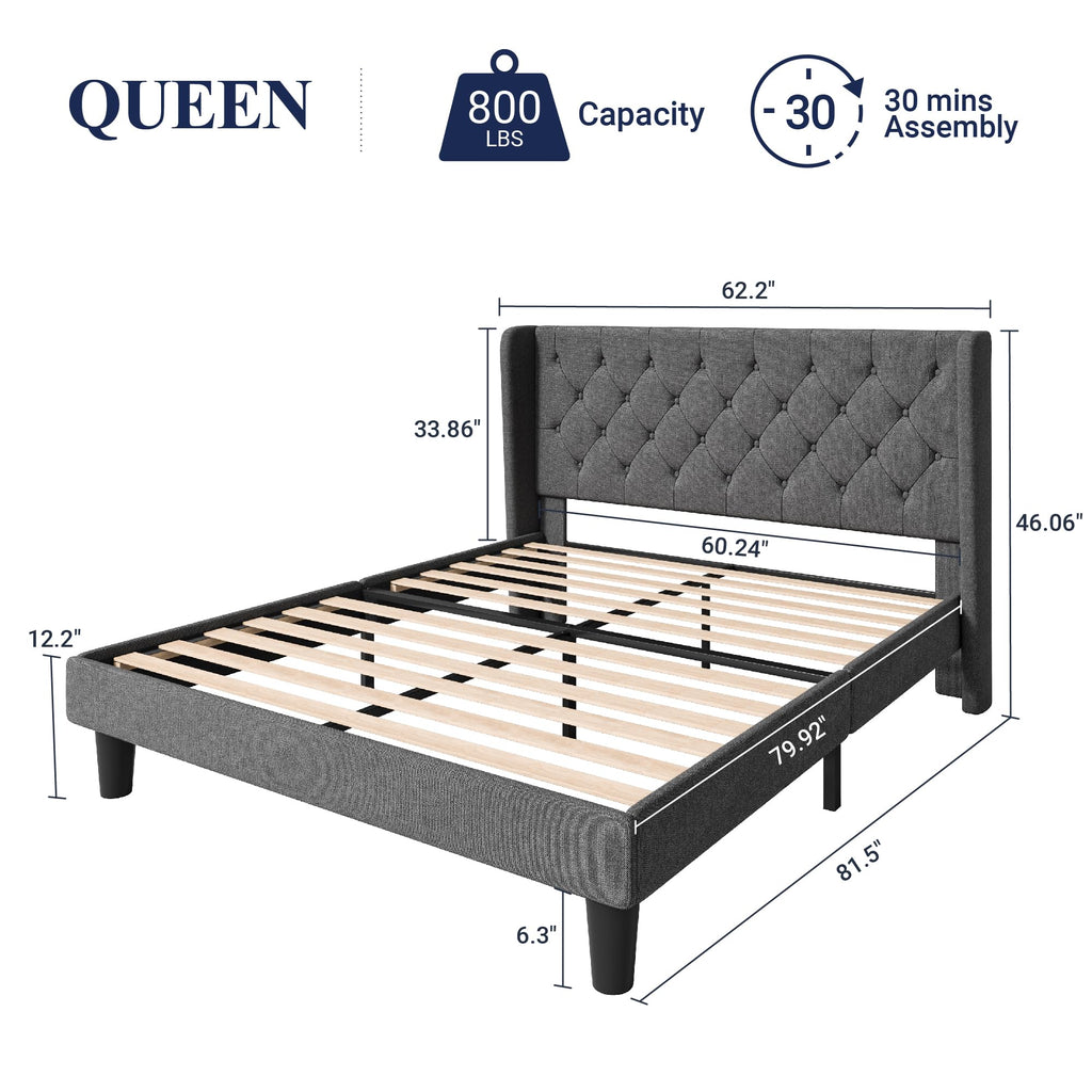 Queen Bed Frame with Button Tufted Wingback Headboard S9664