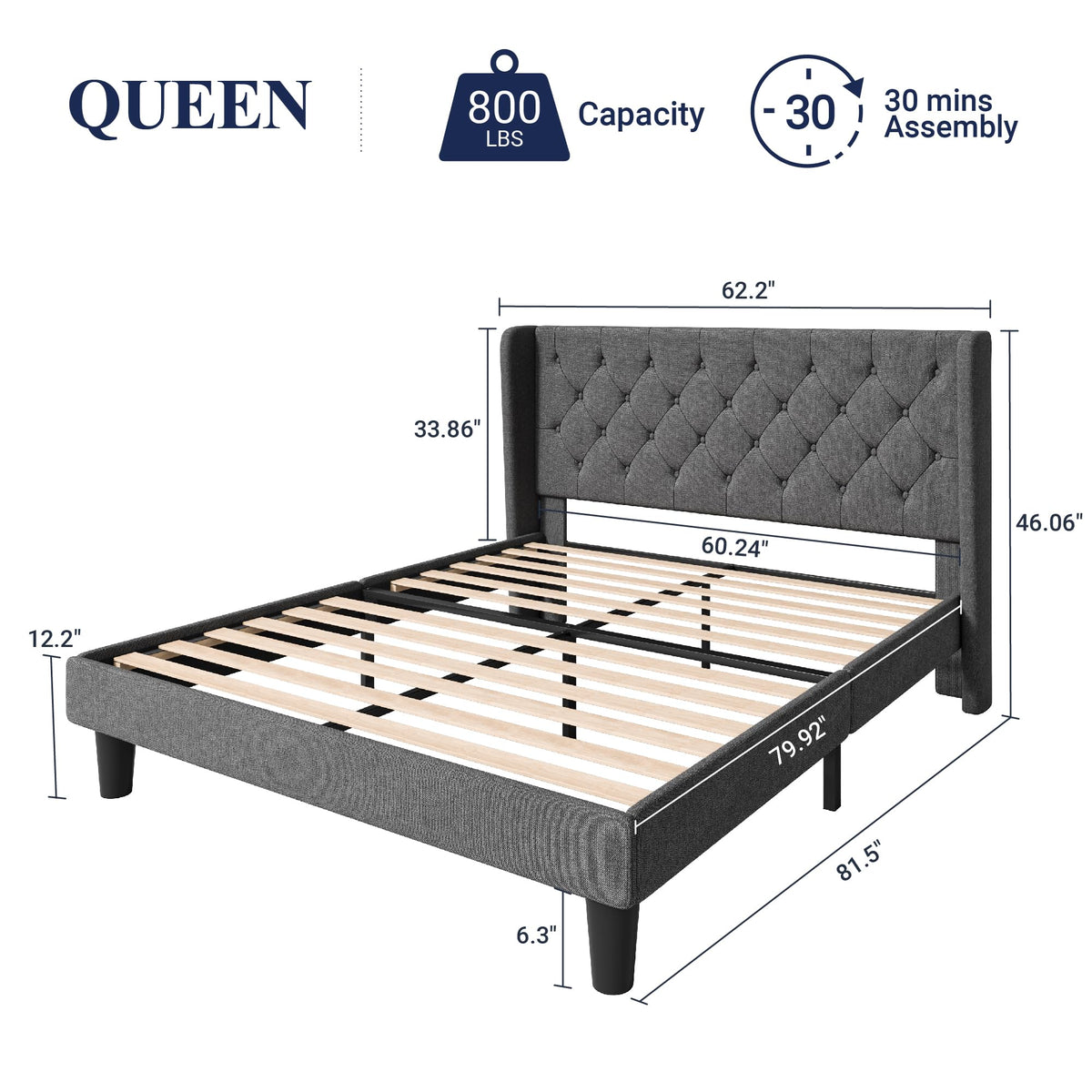Queen Bed Frame with Button Tufted Wingback Headboard S9664