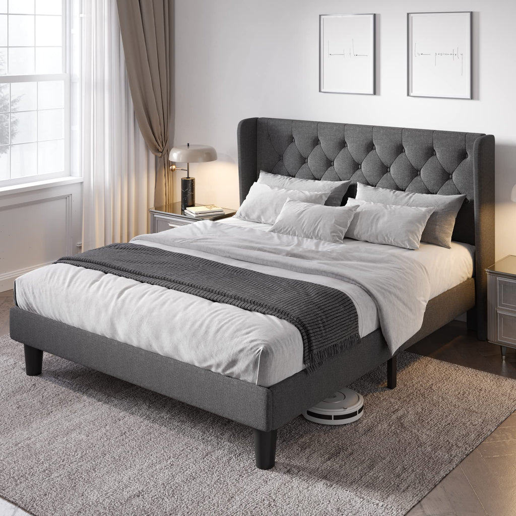 Queen Bed Frame with Button Tufted Wingback Headboard S9664