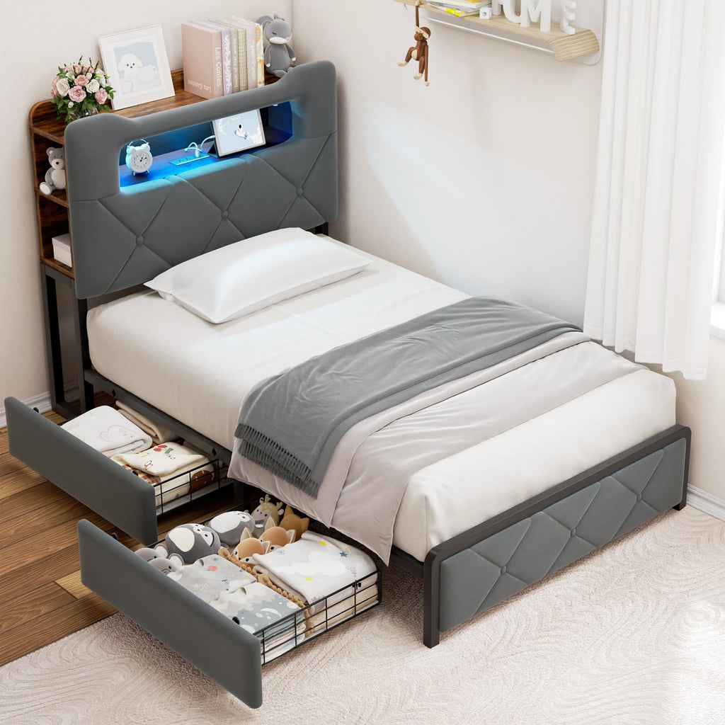 Twin Upholstered Velvet Platform Bed Frame with 2 Storage Drawers O127