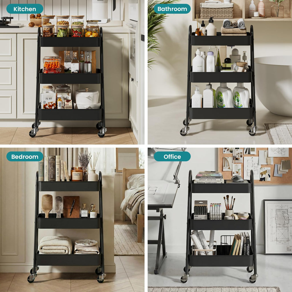 3-Tier Metal Rolling Utility Cart with Lockable Wheels S583