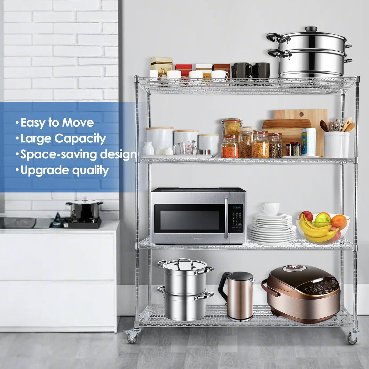 60" W 4-Tier Heavy Duty Wire Shelving 72" H x 24" D Metal Storage Rack with Wheels T95622