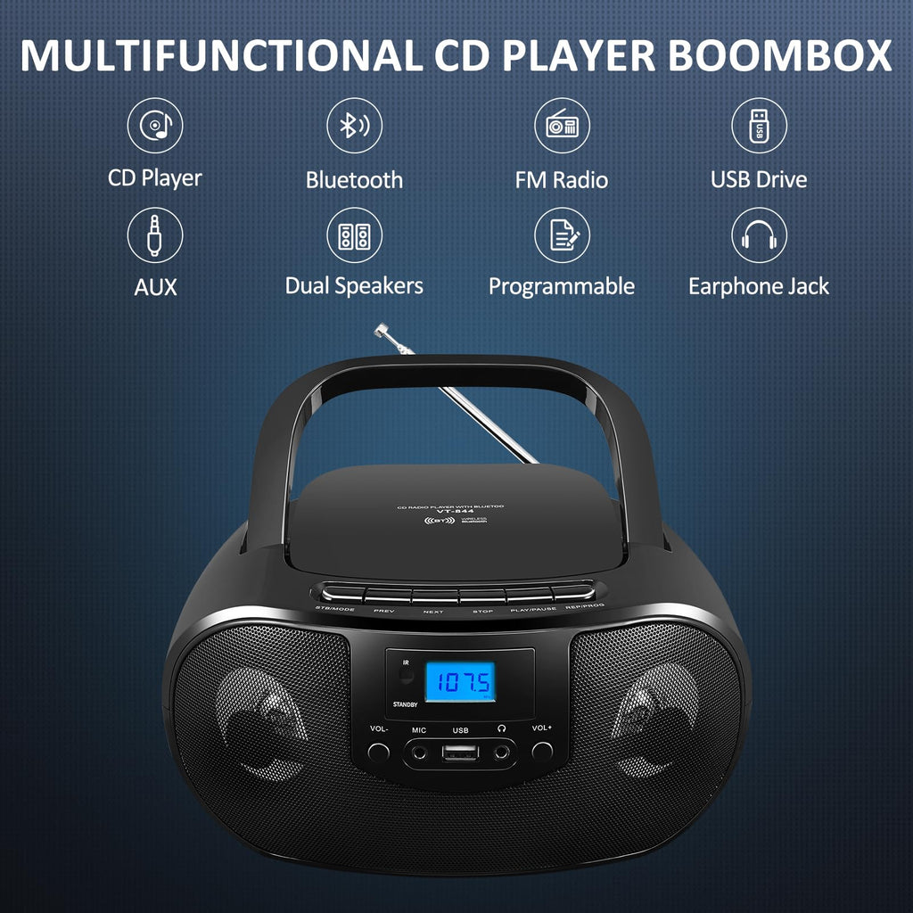 Portable CD Player Boombox with FM Radio, Bluetooth, Remote Control, Black T227