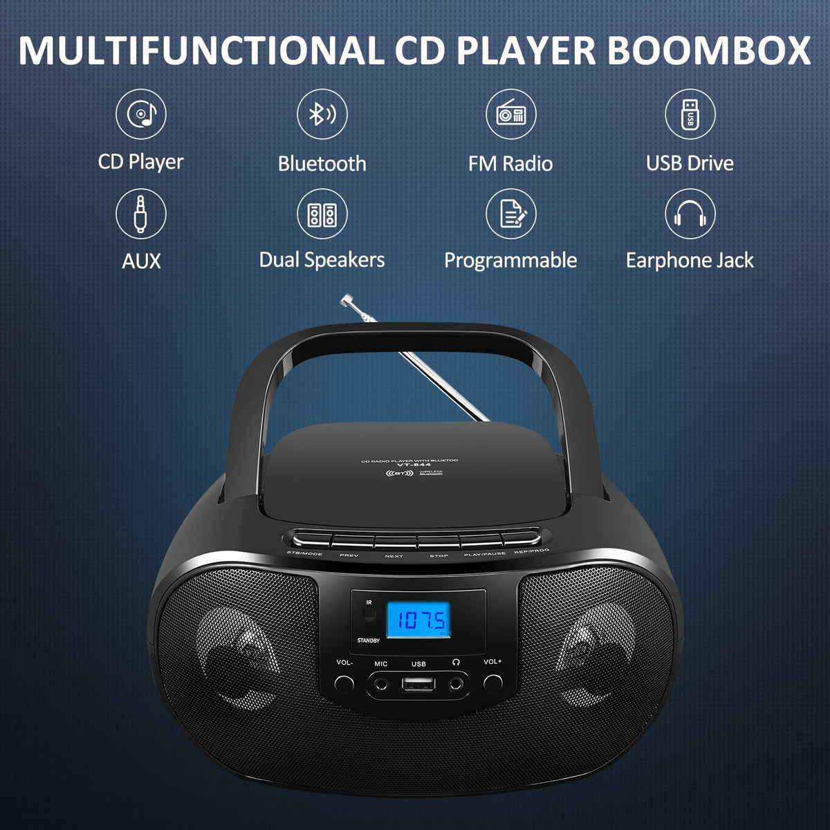 Portable CD Player Boombox with FM Radio, Bluetooth, Remote Control, Black T227