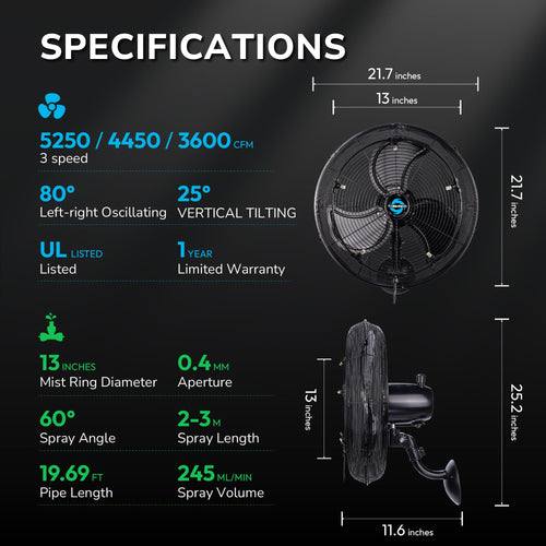 20 Inch Outdoor Wall Mount Fan with Misting Ring U624880