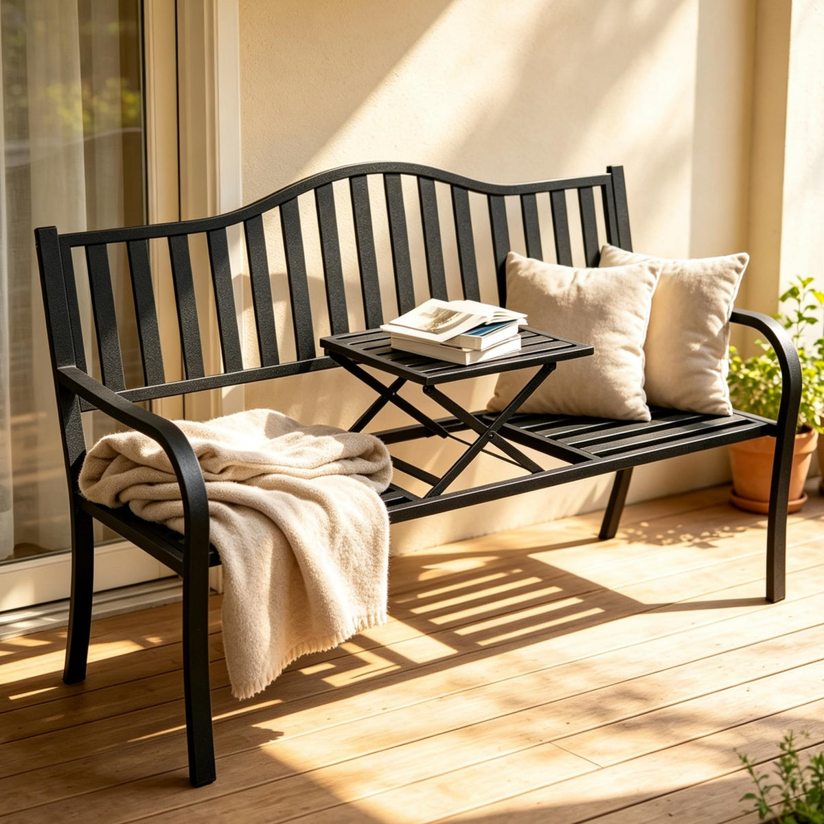 59 Inches Metal Outdoor Bench with Pull-Out Table Y570106