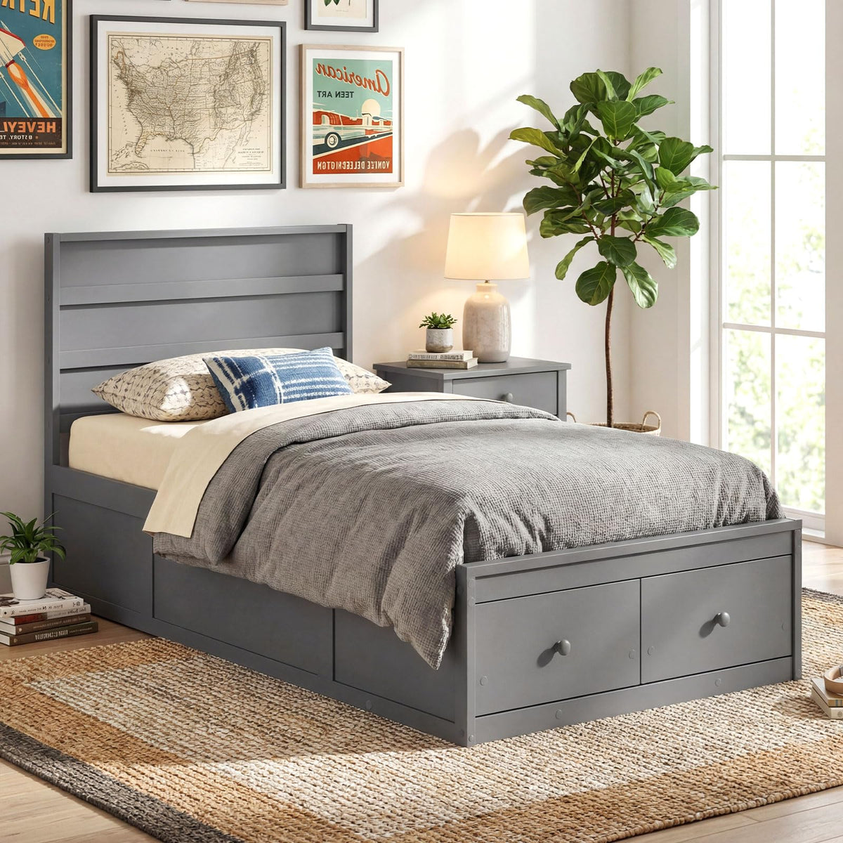 Grey Twin Wood Platform Bed with Storage Drawers E1858