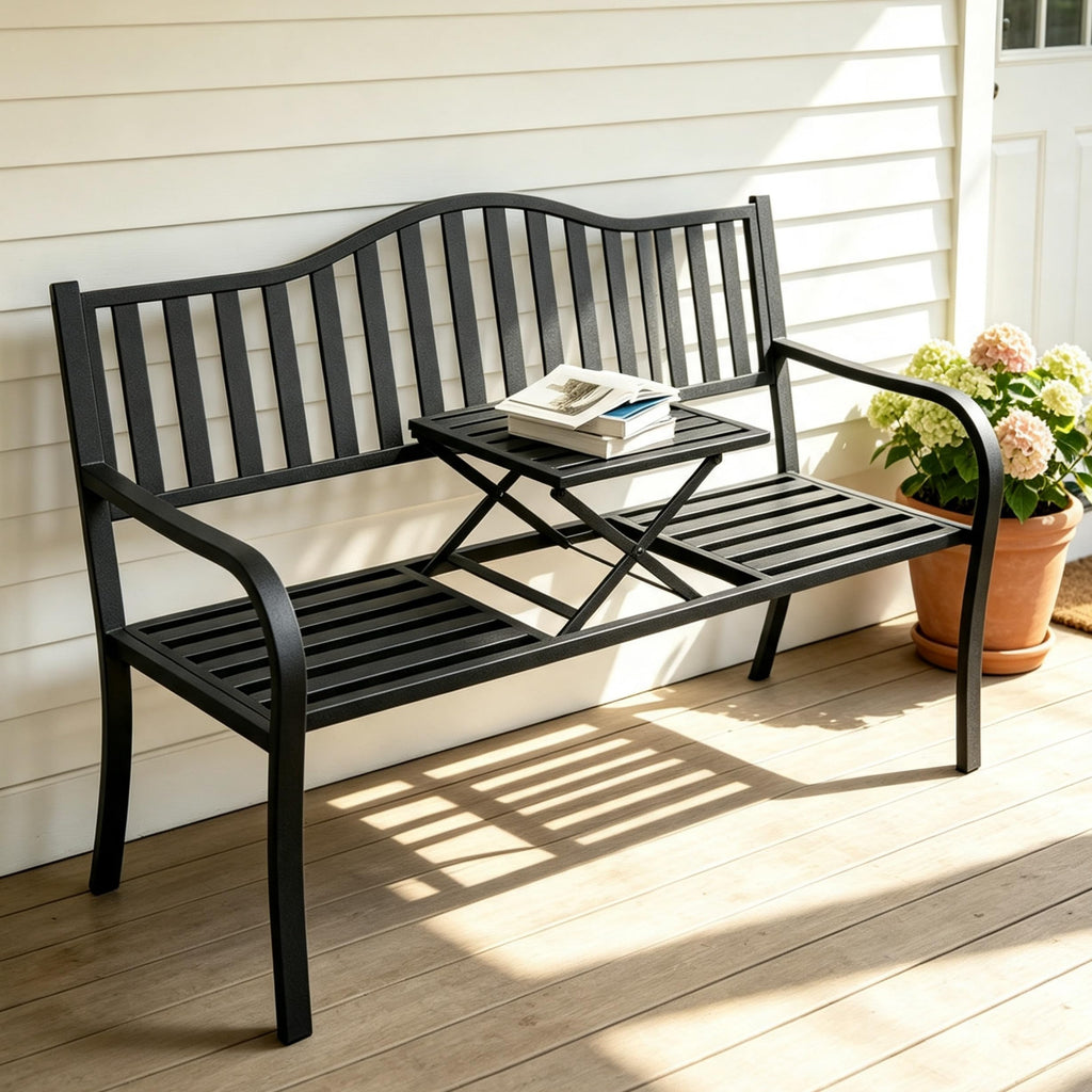 59 Inches Metal Outdoor Bench with Pull-Out Table Y570106