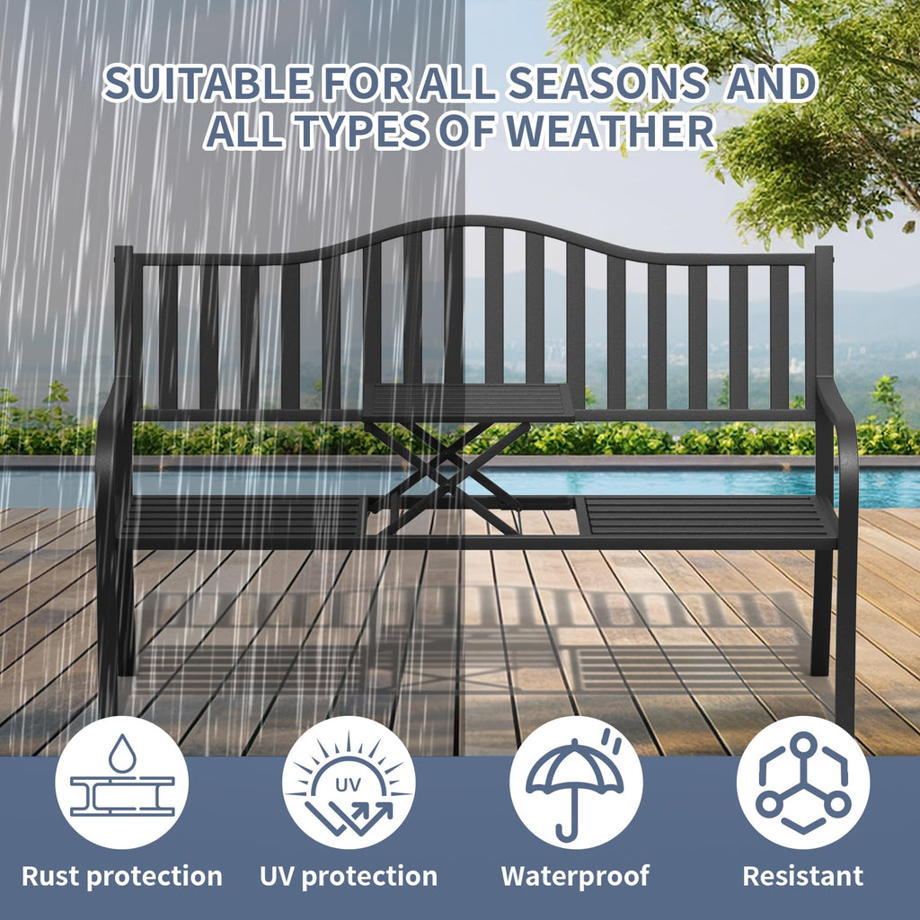 59 Inches Metal Outdoor Bench with Pull-Out Table Y570106
