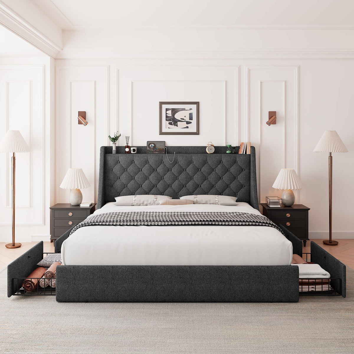 Queen Bed Frame with 4 Storage Drawers Upholstered Dark Grey V2222