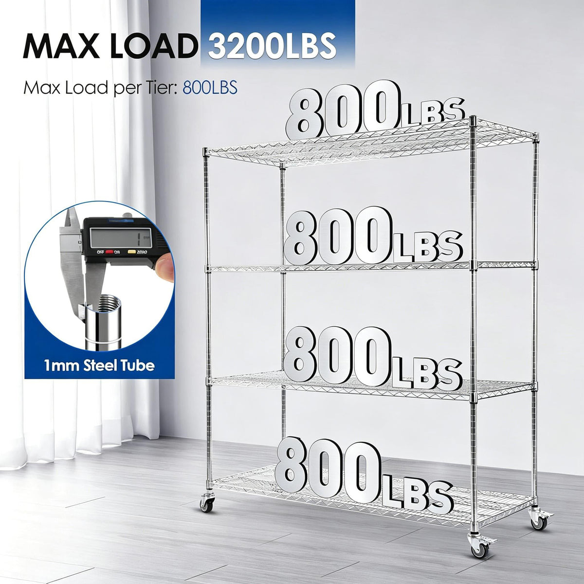60" W 4-Tier Heavy Duty Wire Shelving 72" H x 24" D Metal Storage Rack with Wheels T95622