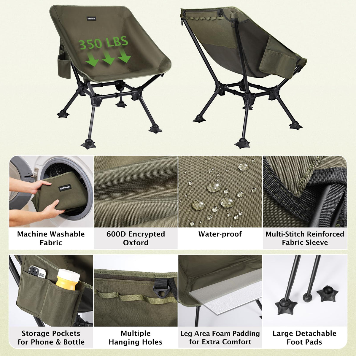 2 Pack Green Folding Camping Chair with Storage Bag X938
