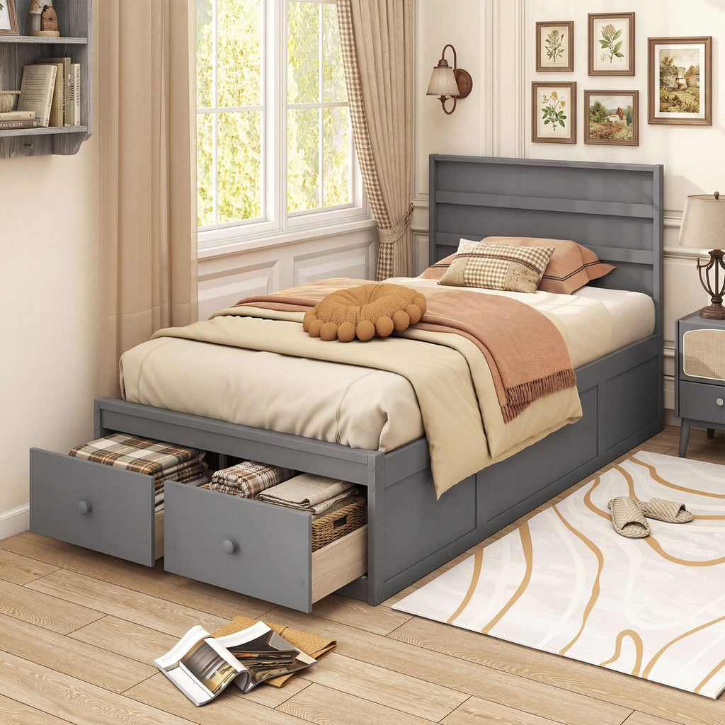 Grey Twin Wood Platform Bed with Storage Drawers E1858