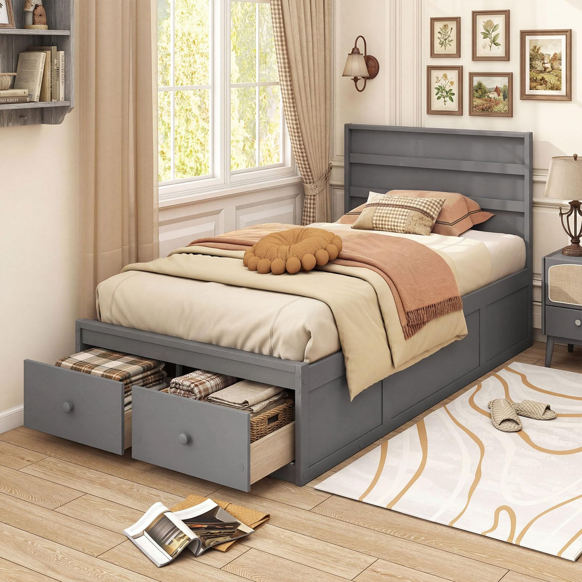 Grey Twin Wood Platform Bed with Storage Drawers E1858