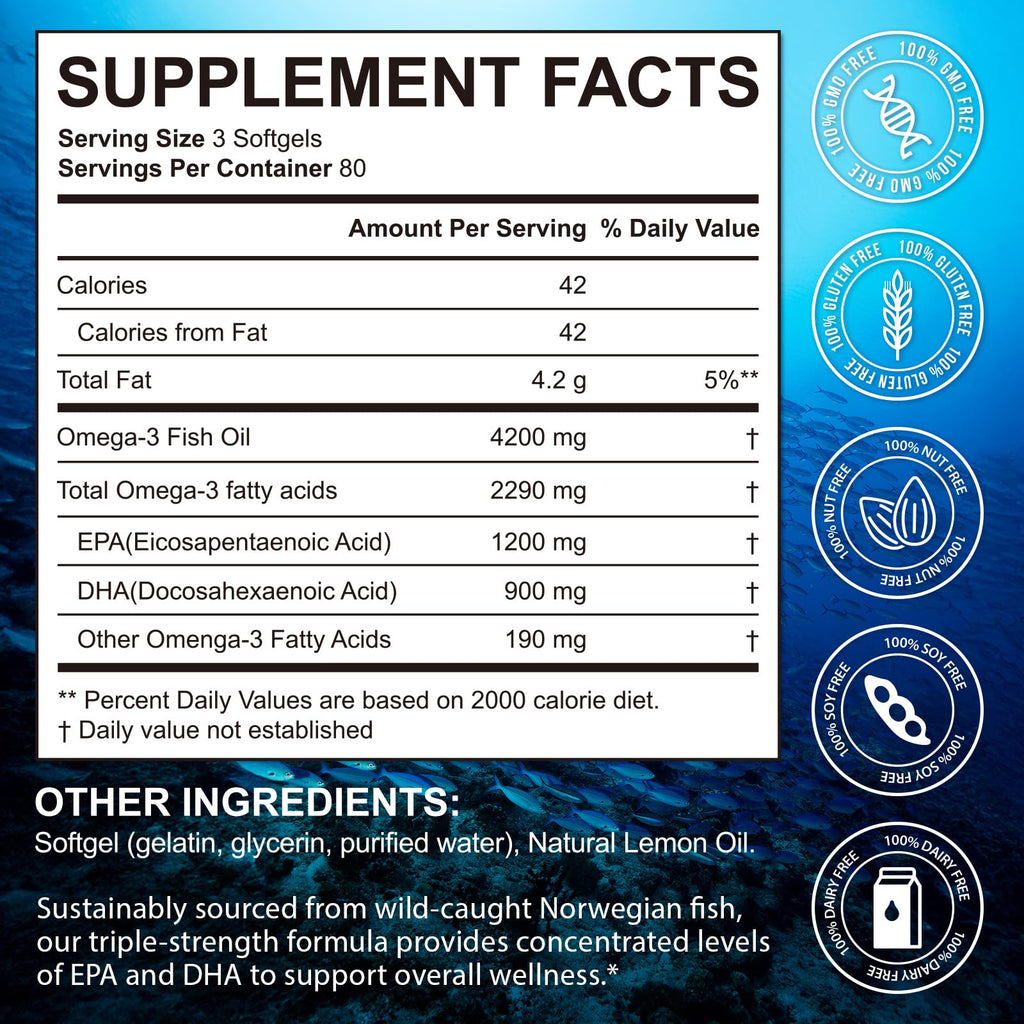 Omega 3 Fish Oil Supplement 240 Softgels Lemon Flavor X209024