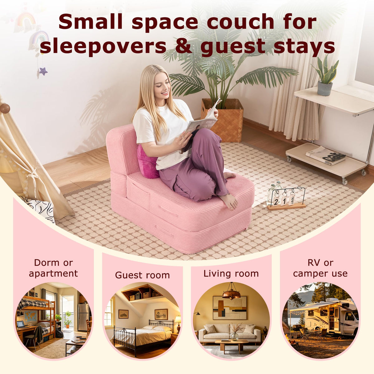Pink Folding Convertible Sofa Bed Z8846