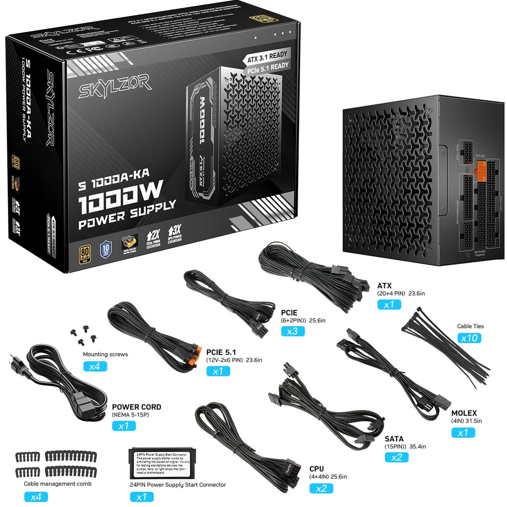 1000W Fully Modular 80+ Gold Certified ATX 3.1 Power Supply X335
