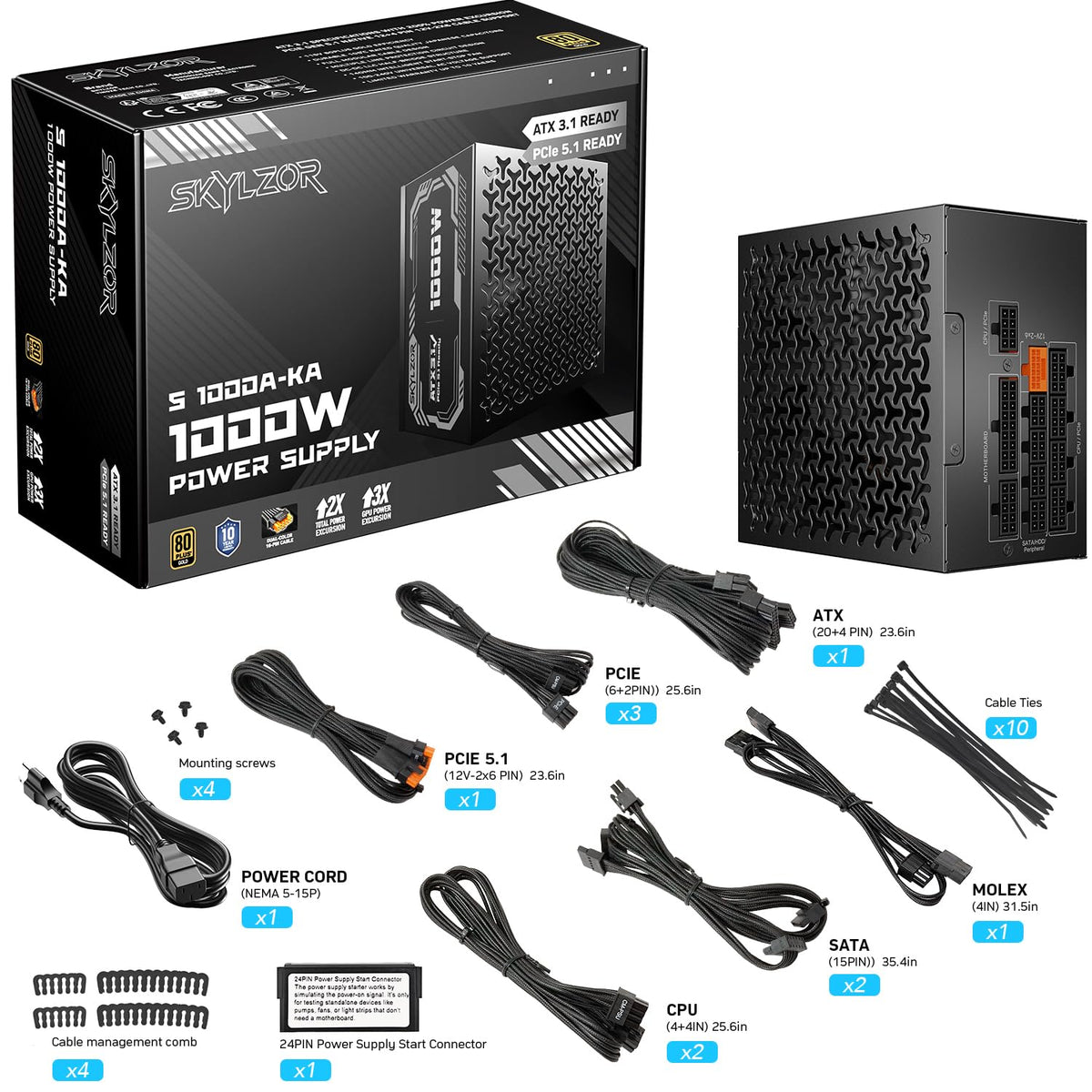 1000W Fully Modular 80+ Gold Certified ATX 3.1 Power Supply X335