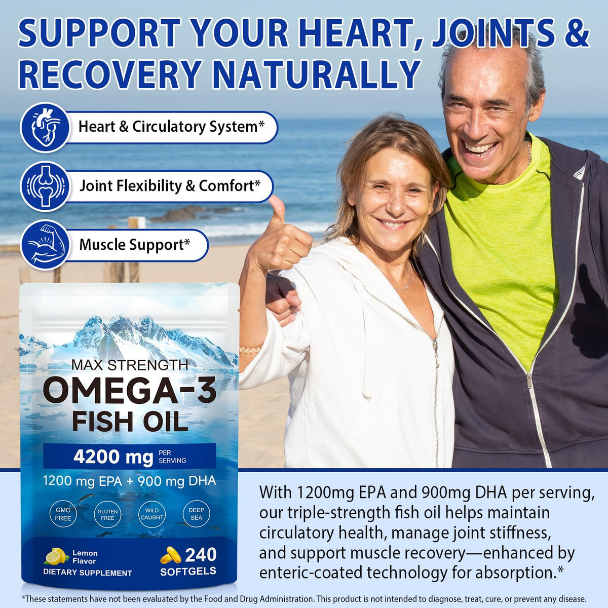 Omega 3 Fish Oil Supplement 240 Softgels Lemon Flavor X209024