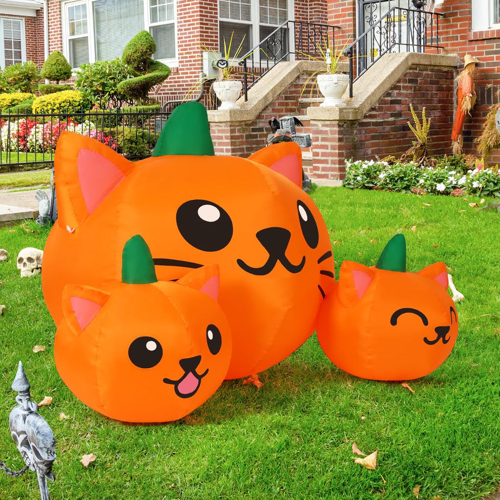 5FT Inflatable Three Pumpkin Cat Head with Built-in LEDs K256