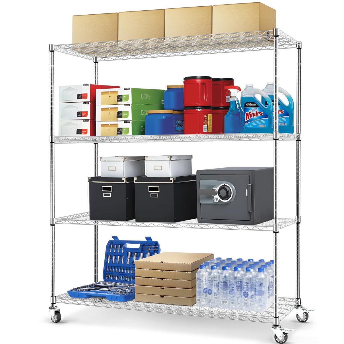 60" W 4-Tier Heavy Duty Wire Shelving 72" H x 24" D Metal Storage Rack with Wheels T95622