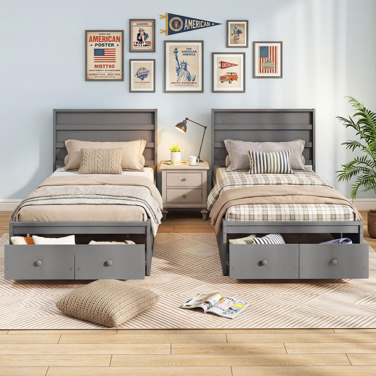 Grey Twin Wood Platform Bed with Storage Drawers E1858